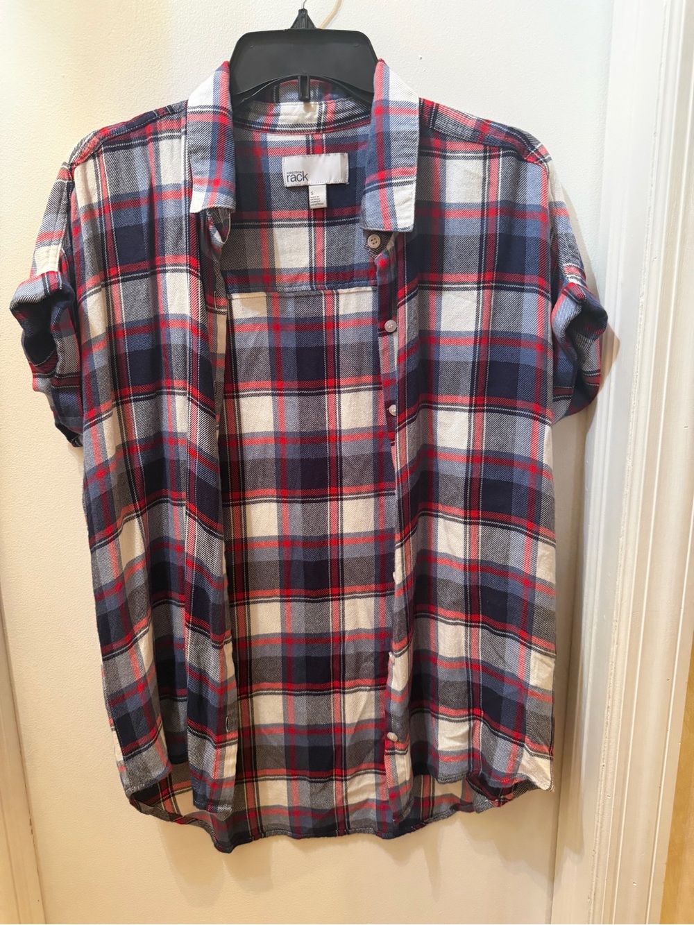 Plaid Short-Sleeve Button-Down Shirt in Navy, Red & White